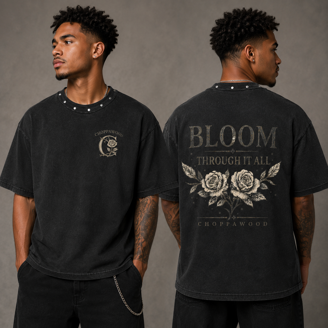 Choppawood Unisex Washed Boxy Studded T-Shirt | Bloom Through It All Edition