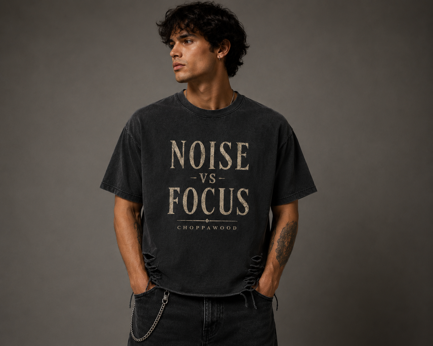 Choppawood Snow Washed Raw-Hem T-Shirt | Noise vs Focus Edition